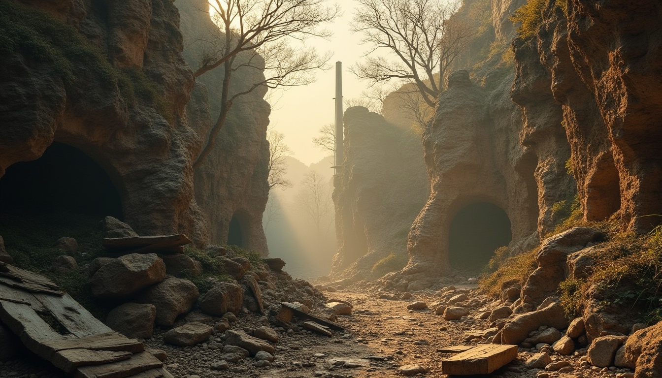 Prompt: Deconstructivist canyon landscape, rugged terrain, eroded rock formations, twisted tree branches, surreal misty atmosphere, warm golden light, dramatic shadows, abstract composition, fragmented rocks, cracked earth, rusted metal scraps, abandoned industrial machinery, overgrown with vines, distressed wooden planks, worn concrete ruins, eerie ambiance, 3/4 camera angle, cinematic depth of field, high contrast, moody color palette.