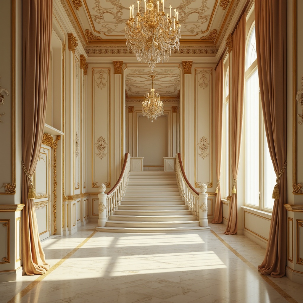 Prompt: Baroque design, luxurious interior, cream-colored walls, ornate gold frames, intricate patterns, velvet upholstery, heavy drapery, crystal chandelier, marble floor, grand staircase, lavish furnishings, soft warm lighting, warm beige tones, subtle texture, regal ambiance, classic composition, Dutch Masters' style.