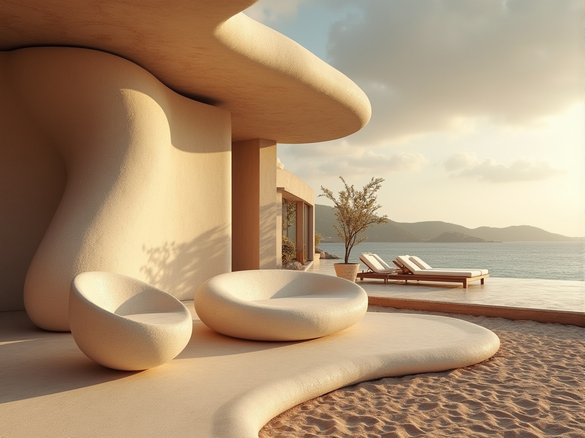 Prompt: Sand-casted materials, design element, modern architecture, luxurious villa, sunny day, warm light, Mediterranean coast, beachside, wooden decking, outdoor furniture, minimalist decor, smooth curves, organic shapes, rough texture, natural color palette, earthy tone, close-up shot, 3/4 composition, soft focus, ambient lighting, warm atmosphere.