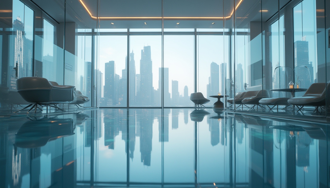 Prompt: Modern design, transparent glass material, sleek lines, minimalist aesthetic, urban cityscape, skyscraper background, abstract reflection, floor-to-ceiling windows, luxurious interior, softbox lighting, 3/4 composition, shallow depth of field, futuristic atmosphere, metallic accents, LED lights embedded in glass, subtle texture, crystalline structure.