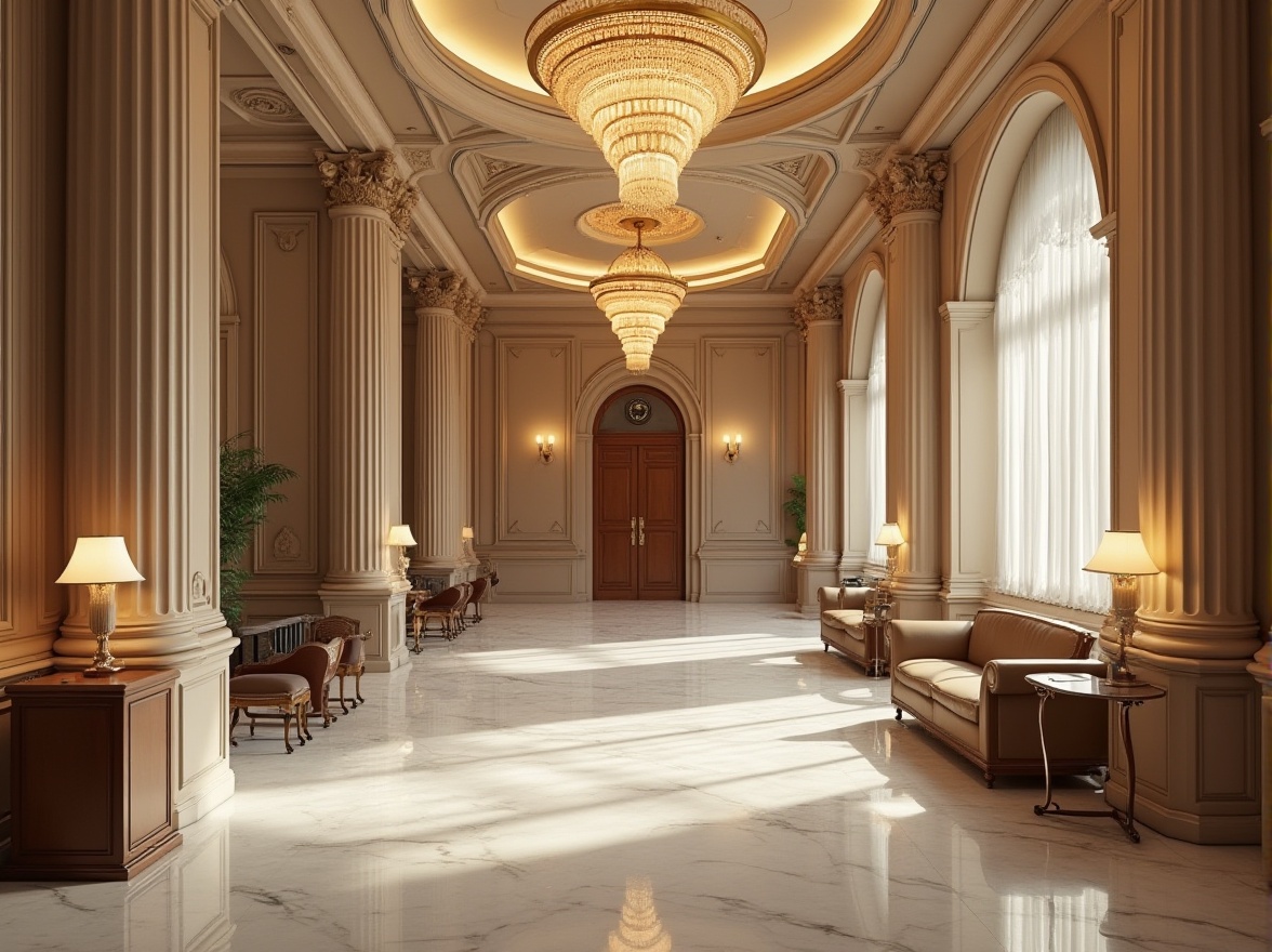 Prompt: Modern bank interior, neoclassical style, high ceiling, marble floor, grand chandelier, ornate columns, wooden panels, luxurious leather sofas, minimalist desks, sleek metal chairs, elegant lamps, subtle lighting, warm beige walls, intricate moldings, classic clock, subtle patterns, natural materials, symmetrical composition, 3/4 view, softbox lighting.