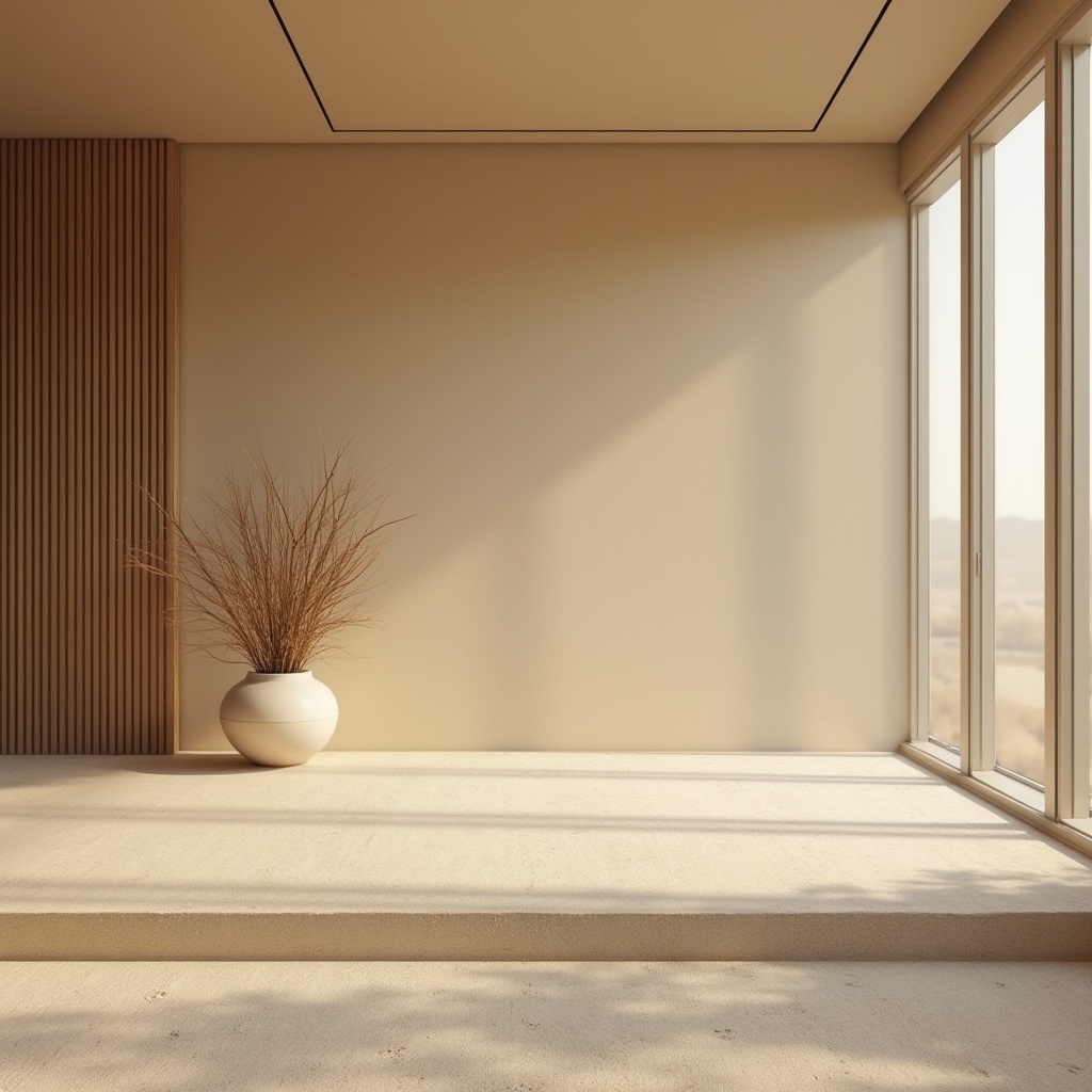 Prompt: Sand material, modern interior design, minimalist style, warm beige color, coarse texture, natural pattern, decorative vase, elegant lines, floor-to-ceiling windows, bright daylight, cozy atmosphere, 3/4 composition, shallow depth of field, soft focus, gentle lighting.