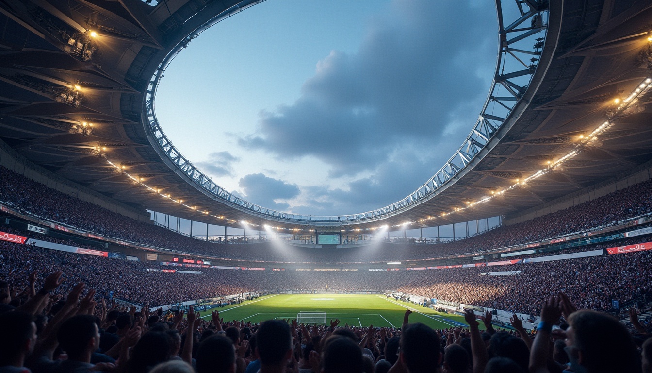 Prompt: Stadium design, modern architecture, steel material, complex structure, metallic luster, sleek lines, grand scale, towering height, vast open space, crowd of people, cheering, excitement, bright floodlights, evening atmosphere, urban skyline, cityscape background, dramatic shadows, strong contrasts, low-angle shot, cinematic composition.