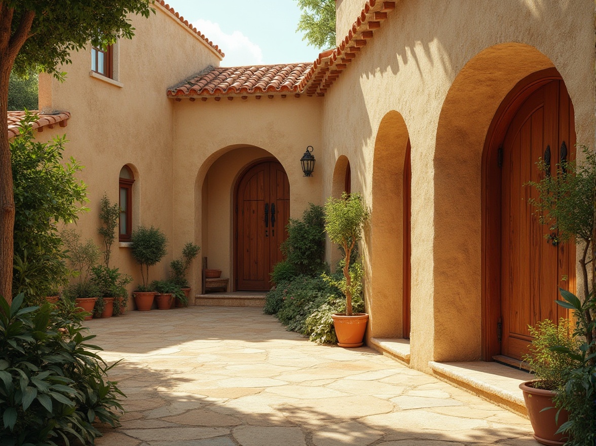 Prompt: Warm beige wheat color, rustic texture, natural material, villa exterior, Mediterranean style, curved arches, clay roof tiles, wooden doors, ornate metal door handles, lush greenery surrounding, sun-kissed courtyard, warm afternoon lighting, soft shadows, 3/4 composition, inviting atmosphere.