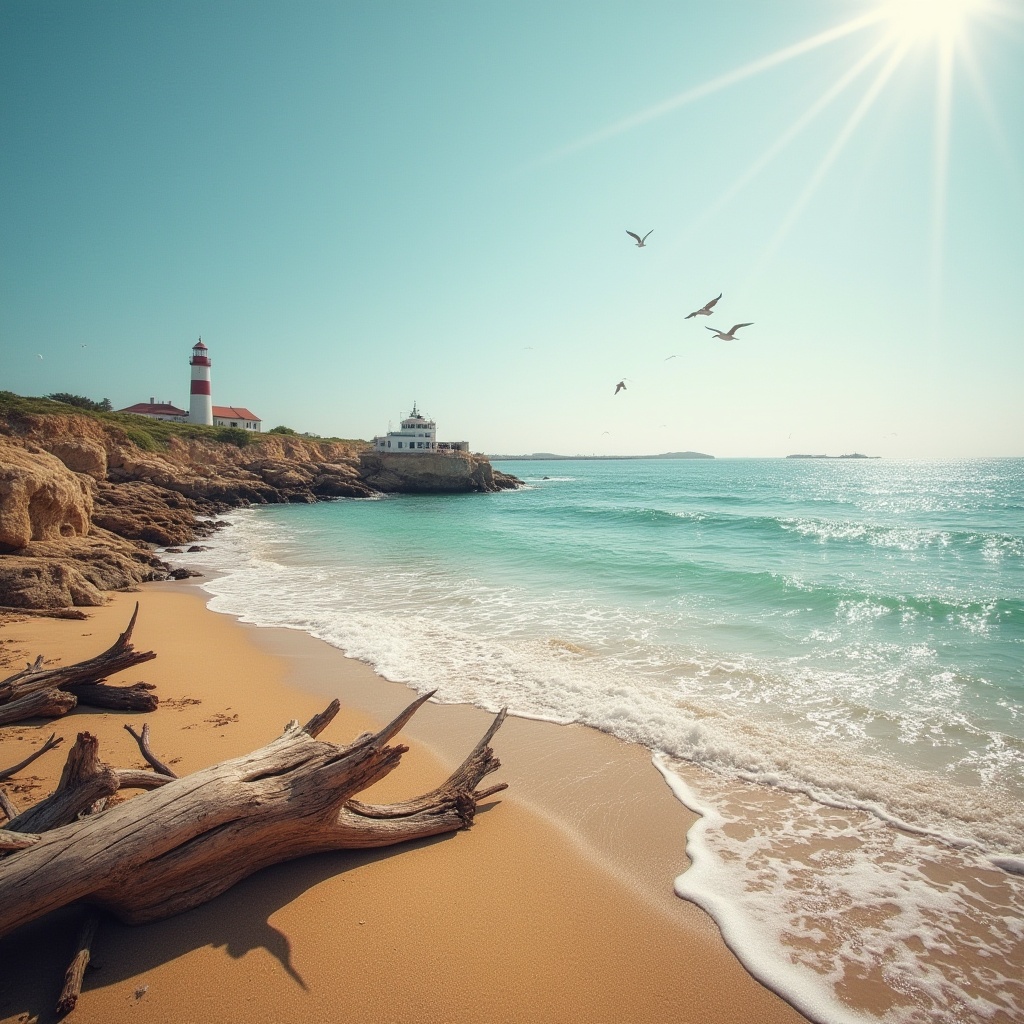 Prompt: Coastal scenery, burgundy accent, warm sandy beach, clear turquoise water, gentle waves, driftwood, seaside rocks, lighthouse in distance, few seagulls flying overhead, soft warm sunlight, 3/4 composition, shallow depth of field, rich texture, vibrant color palette, peaceful atmosphere.