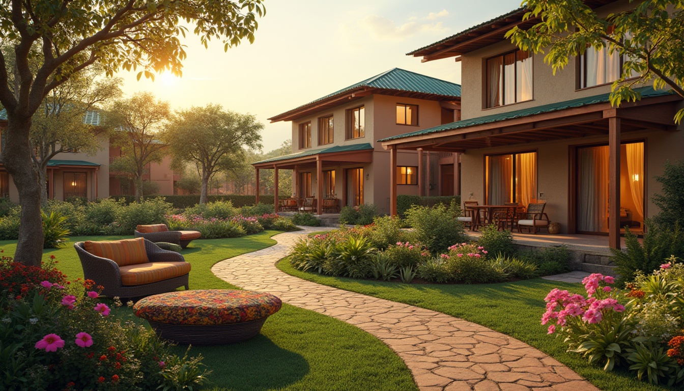 Prompt: Savanna housing community, modern architectural design, earthy tones, wooden accents, green roofs, large windows, natural lighting, open spaces, communal garden, African-inspired patterns, colorful textiles, wicker furniture, lush greenery, vibrant flowers, winding pathways, serene atmosphere, warm sunset light, 3/4 composition, soft focus, ambient occlusion, cinematic rendering.