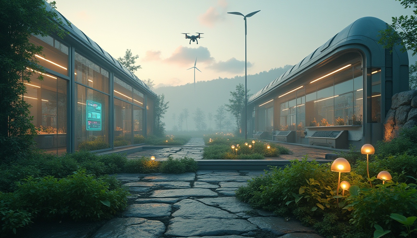 Prompt: Rural landscape, futuristic farmhouse, cyberpunk elements, neon lights, holographic display, metallic materials, sleek lines, minimalist interior, large windows, panoramic view, 3/4 composition, soft lighting, misty morning atmosphere, lush greenery, vines crawling up walls, solar panels, wind turbines, drone flying overhead, robotic farming tools, hydroponic garden, levitating objects, LED lights embedded in trees, glowing mushrooms, subtle fog effect, cinematic ambiance.