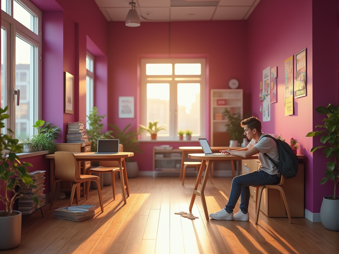 Prompt: Modern educational space, vibrant magenta accent walls, sleek wooden floors, minimalist furniture, solo student, young adult, casual wear, jeans, white sneakers, backpack, sitting, studying, laptop open, books scattered, warm overhead lighting, soft shadows, 3/4 composition, shallow depth of field, creative atmosphere, stimulating ambiance, colorful decorations, inspirational quotes, motivational posters, green plants, natural elements, urban educational setting, afternoon sunlight filtering through large windows.