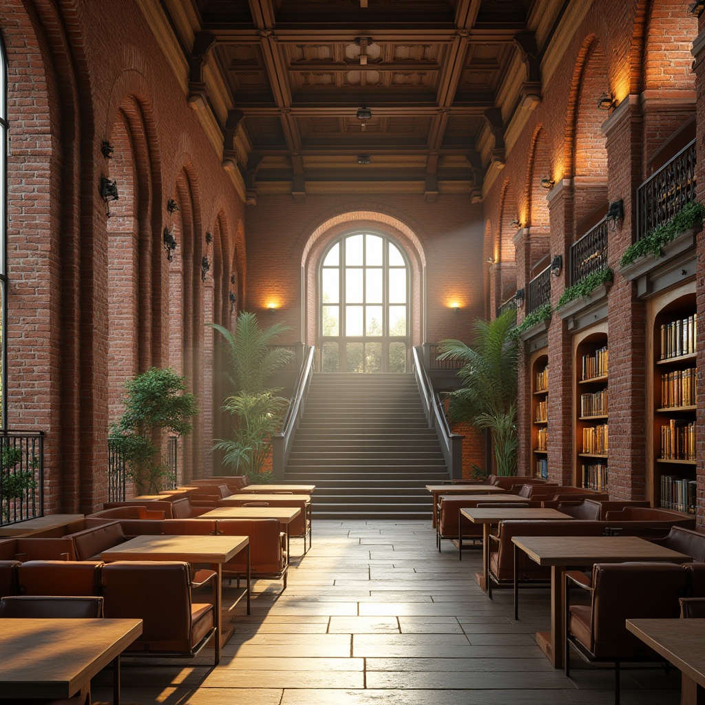 Prompt: Brick material, library interior, modern architecture, columnar structure, high ceiling, warm lighting, reading area, wooden tables, leather chairs, greenery, natural light pouring through large windows, calm atmosphere, bookshelves made of brick and wood, stairs with metal handrails, decorative brick walls, arches, vaulted ceiling, grand entrance, morning sun, soft focus, realistic texture, detailed architecture, 3/4 composition.