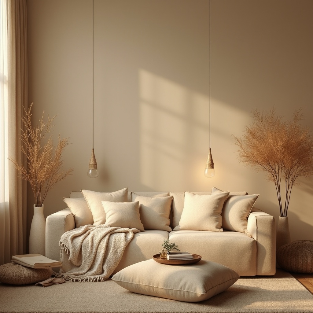 Prompt: Cozy atmosphere, beige color, warm lighting, soft focus, comfortable furniture, plush cushions, velvet textures, wooden decorations, vintage lamps, minimalist decor, calm ambiance, quiet mood, natural materials, earthy tones, serene background, soft shadows, intimate setting, peaceful environment, warm beige walls, creamy carpet, rustic wooden floor.