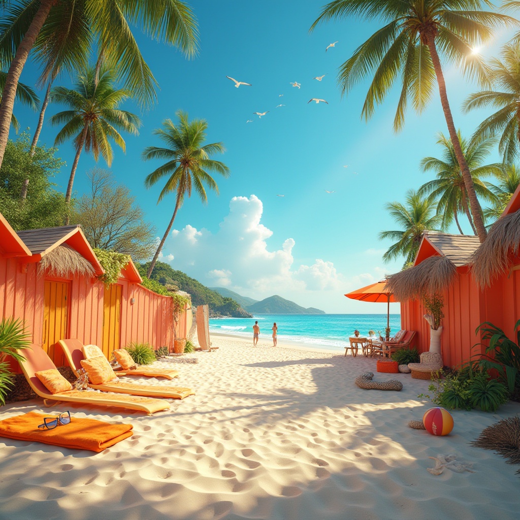 Prompt: Coastal scenery, tangerine color, vibrant beach huts, sandy dunes, palm trees, tropical plants, warm sunny day, clear blue sky, fluffy white clouds, seagulls flying overhead, gentle ocean waves, surfboards leaning against a colorful beach wall, a few people relaxing on the beach, beach balls scattered around, sunglasses, sunhats, tangerine-colored towels, nautical ropes, driftwood, sea shells, starfish, warm golden lighting, shallow depth of field, cinematic composition.