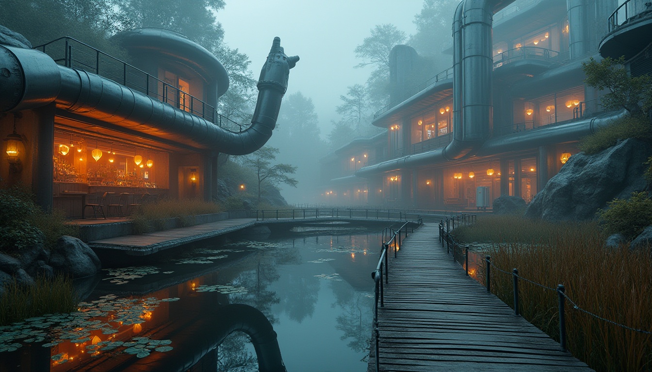 Prompt: Wetland design, futuristic architecture, bar constructivism style, metallic structures, reflective surfaces, neon lights, misty atmosphere, water reflections, lily pads, cattails, wooden boardwalks, steel bridges, rusty pipes, industrial textures, abstract shapes, 3/4 composition, low-angle shot, dramatic lighting, cinematic mood, mysterious ambiance.