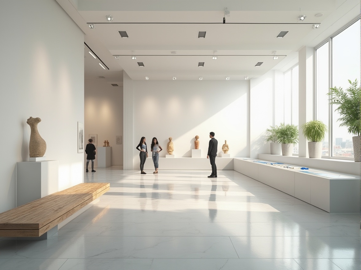 Prompt: Modern museum interior, minimalistic style, spacious high ceiling, white walls, polished marble floor, elegant simplicity, spotlights highlighting exhibits, few visitors in the background, natural light pouring through large windows, subtle shadows, abstract sculptures on pedestals, interactive displays with touchscreens, sleek wooden benches, green plants adding a touch of nature, 3/4 composition, softbox lighting, cinematic ambiance.