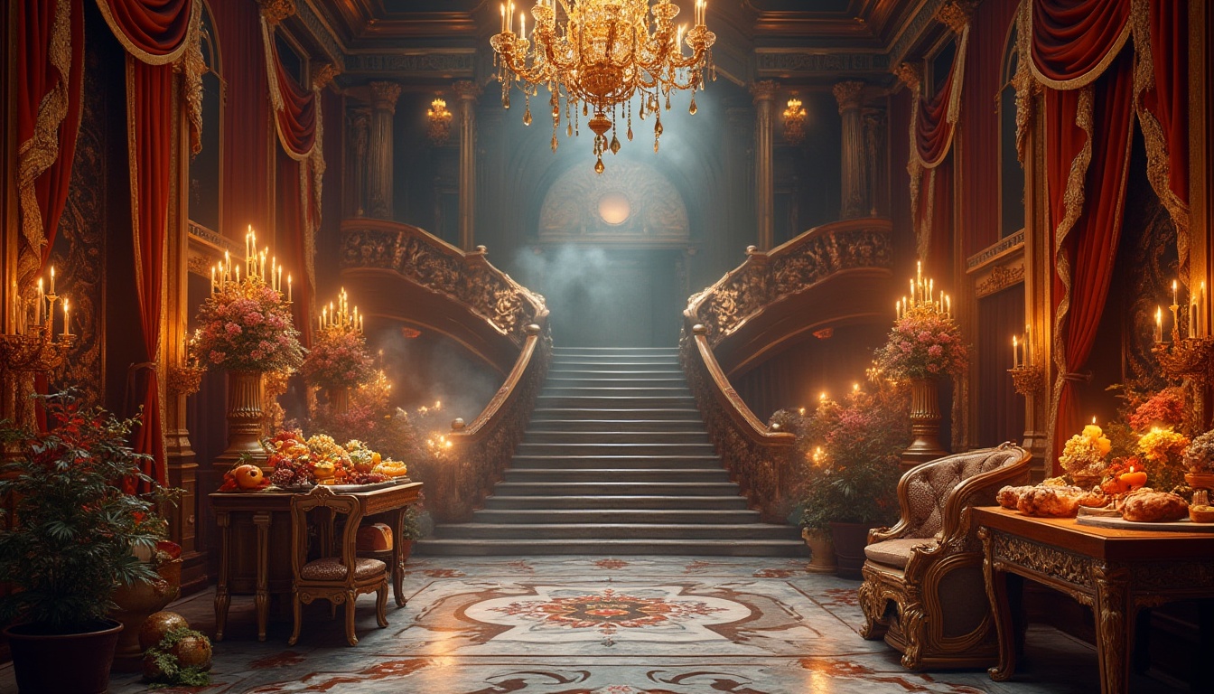 Prompt: Market baroque interior, ornate golden frames, luxurious velvet drapes, crystal chandeliers, marble floors, grand staircase, lavish furnishings, regal throne-like chair, intricate carvings, floral patterns, rich jewel-toned colors, warm candle lighting, atmospheric smoke effects, mysterious shadows, 3/4 composition, soft focus, Renaissance-inspired architecture, opulent still life arrangements.