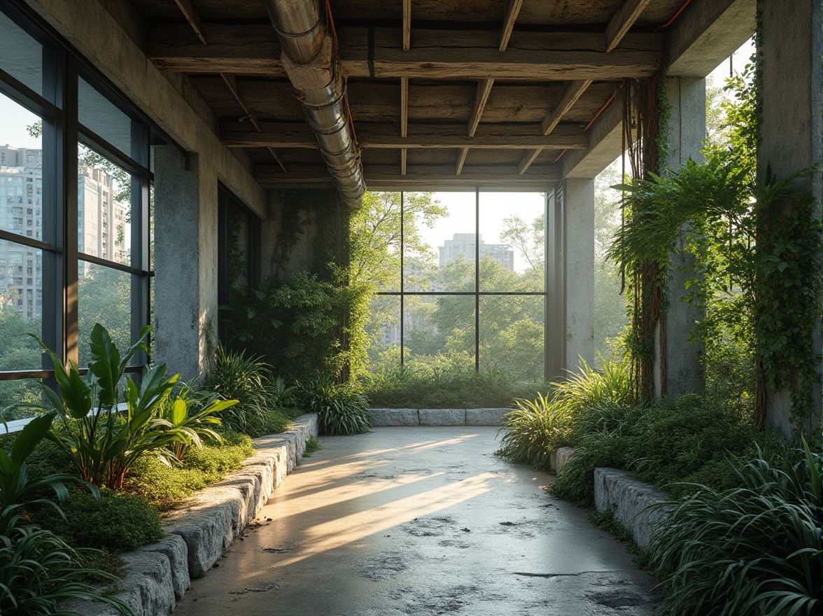 Prompt: Brutalist architecture, integrating natural elements, lush greenery, vines crawling up concrete walls, reclaimed wood accents, industrial pipes, metal beams, rugged stone foundation, massive glass windows, modern minimalist interior, sleek lines, abundant natural light, tropical plants indoors, living wall, urban jungle, cityscape background, dramatic shadows, high contrast lighting, cinematic composition, 3/4 view, shallow depth of field.