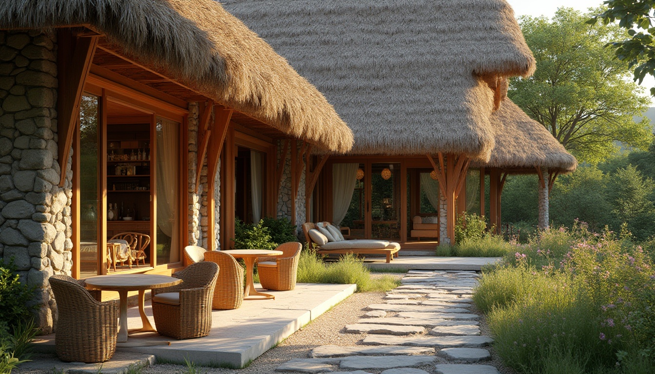 Prompt: Thatched roof, modern villa, rustic charm, natural materials, earthy tones, wooden beams, stone walls, lush greenery, overgrown garden, wildflowers blooming, sunny afternoon, warm lighting, 3/4 composition, depth of field, rustic furniture, woven wicker chairs, rattan tables, cozy ambiance, serene atmosphere, panoramic view.