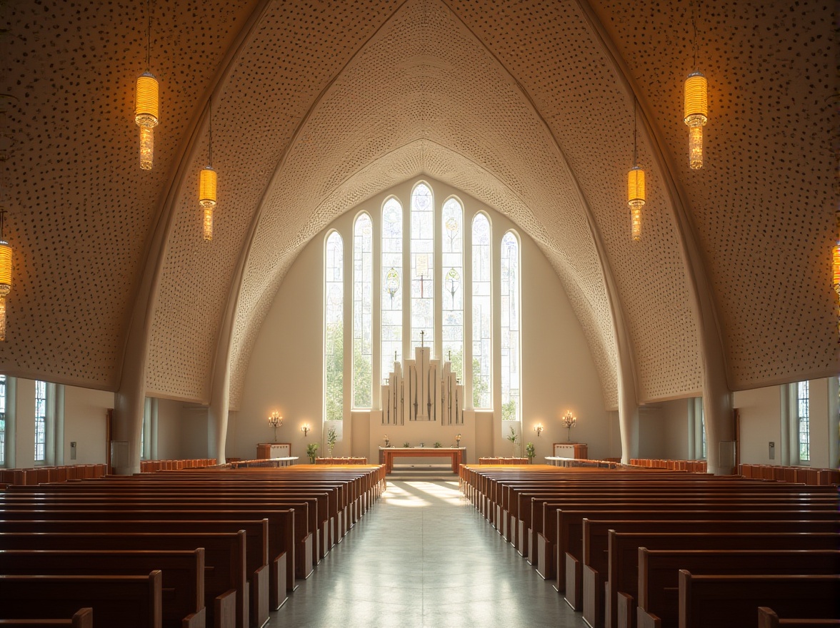 Prompt: Modern church interior, perforated metal ceiling, intricate patterns, natural light filtering through holes, sacred atmosphere, stained glass windows, grandiose chandeliers, polished wooden pews, minimalist altar, subtle cross decorations, serene ambiance, soft warm lighting, 3/4 composition, shallow depth of field, architectural photography, high contrast, dramatic shadows.