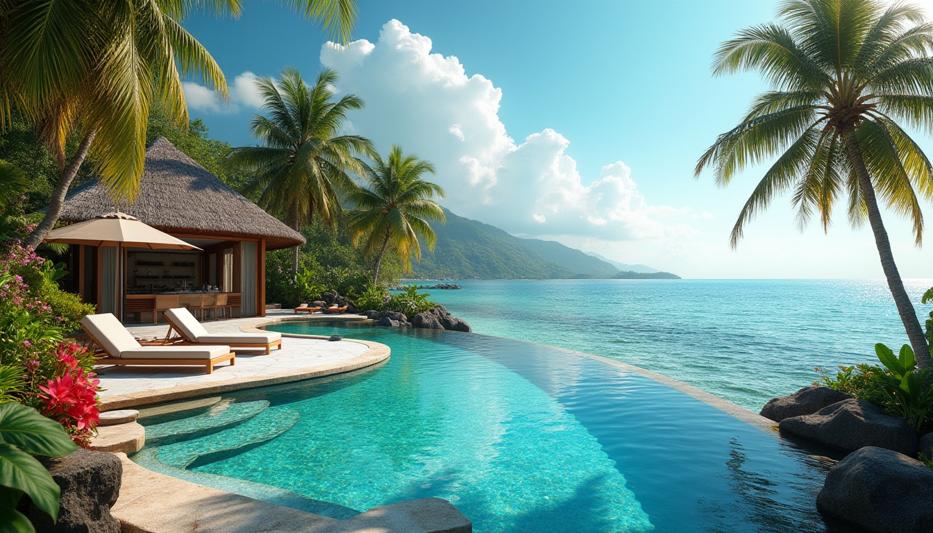 Prompt: Tropical island oasis, luxurious villa, private pool area, turquoise water, infinity edge, swim-up bar, lounge chairs, palm trees, exotic flowers, volcanic rocks, sandy beach, clear blue sky, sun shining down, warm ambient lighting, 3/4 composition, soft focus on background, vibrant colors, serene atmosphere.