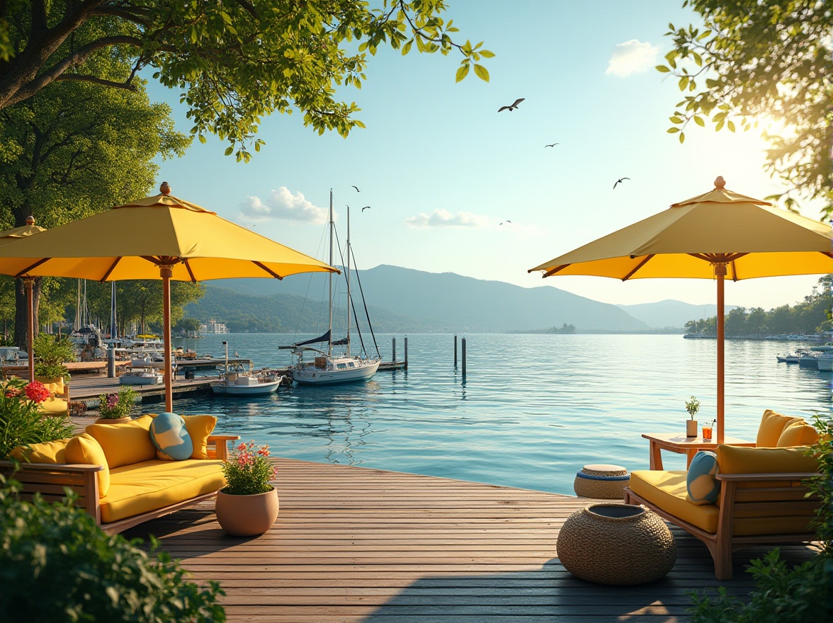 Prompt: Lakefront scene, vibrant yellow accents, sunny afternoon, warm lighting, calm waters, gentle ripples, sailboats docked, lush greenery, blooming flowers, wooden pier, comfortable benches, soft cushions, striped umbrellas, refreshing drinks, water sports equipment, seagulls flying overhead, distant mountains, serene atmosphere, shallow depth of field, natural colors, realistic textures.