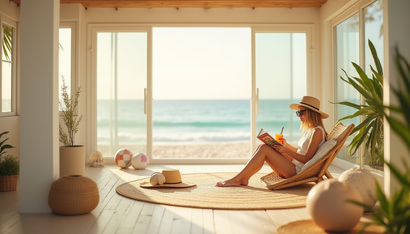 Prompt: Coastal scenery, light yellow tone, warm sunny day, gentle sea breeze, beach house, white walls, large windows, wooden deck, seashells decoration, rattan furniture, soft cushions, beach balls, sunglasses, straw hat, flip flops, relaxed pose, reading book, drinking juice, calm atmosphere, natural lighting, shallow depth of field, 3/4 composition, warm color palette.