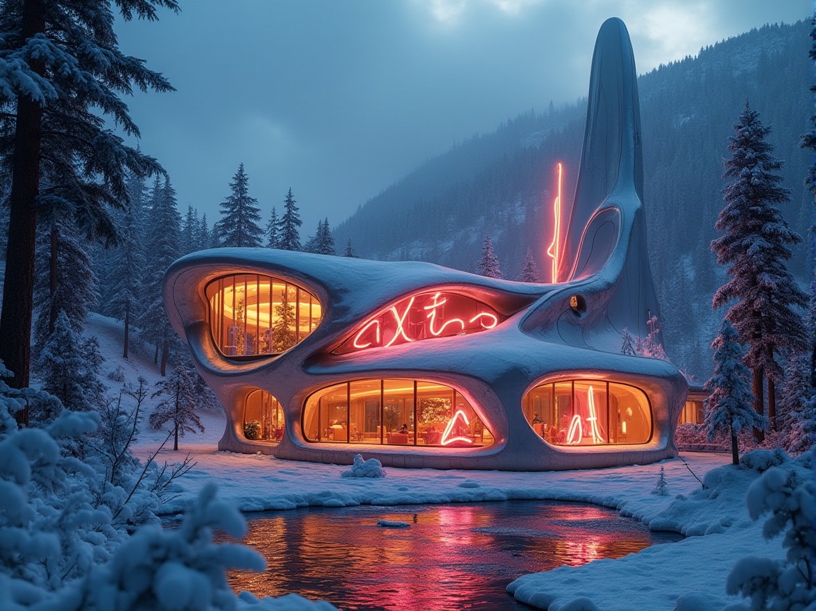 Prompt: Futuristic ski center, Expressionism style, bold angular lines, vibrant neon lights, curved dynamic shapes, metallic materials, reflective surfaces, irregular geometric structures, abstract sculptures, dramatic shadows, atmospheric mist, snowy mountainside, pine trees, frozen lake, low-angle shot, cinematic composition, high contrast lighting, warm colors, modernist architecture.