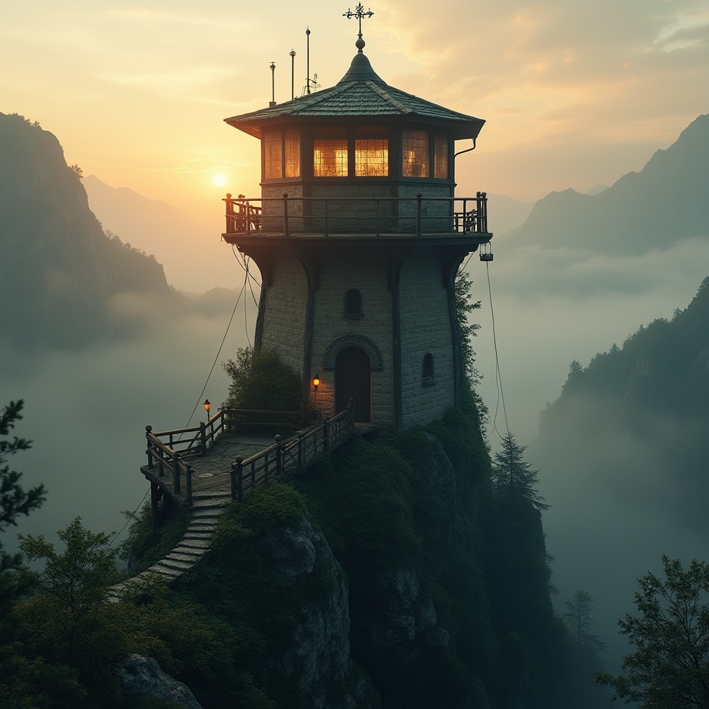 Prompt: Watching tower, majestic, solitary, scenic mountain, misty atmosphere, observation deck, binoculars, telescope, wooden railing, stone foundation, lush greenery, vines crawling up walls, rugged terrain, winding stairs, lanterns, medieval style, sunset time, warm golden light, long shadows, mist surrounding the tower, 3/4 composition, cinematic lighting, dramatic mood.