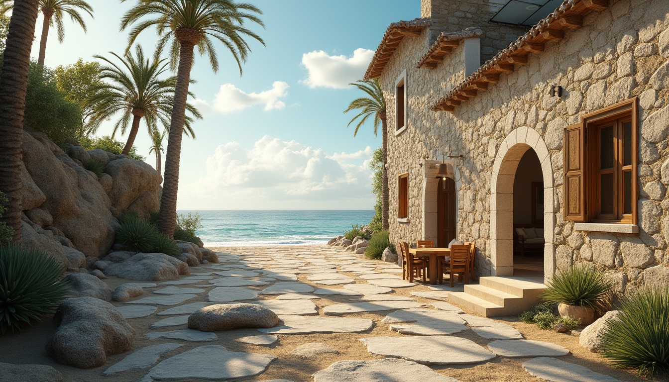 Prompt: Coastal Romanesque architecture, sustainable practices, eco-friendly materials, recycled stone, solar panels, green roof, wooden shutters, ocean view, Mediterranean climate, sandy beach, palm trees, driftwood, sea shells, coastal pathway, limestone walls, earthy tones, natural textures, soft warm lighting, afternoon sun, serene ambiance, 3/4 composition, depth of field, cinematic feel.