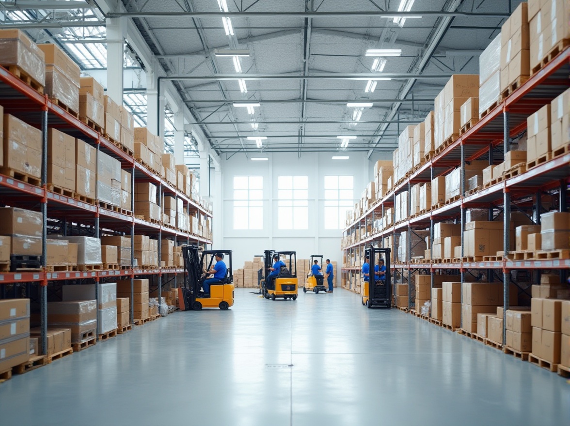 Prompt: Modern warehouse interior, distribution center, white walls, high ceiling, rows of shelving units, metal frames, clean floors, bright lighting, minimalist decorations, industrial atmosphere, organized storage, boxes and crates stacked neatly, forklifts and pallet jacks in action, busy workers in blue uniforms, reflective vests, safety helmets, efficient workflow, 3/4 composition, softbox lighting, shallow depth of field, neutral color palette.