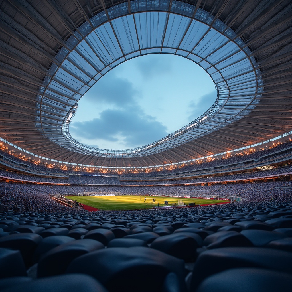 Prompt: Modern stadium, steel structure, sleek lines, metallic luster, complex framework, cantilevered roof, grandstand seating, vibrant LED lights, evening game atmosphere, warm glow, soft focus, shallow depth of field, low-angle shot, dramatic lighting, detailed texture, realistic reflection, architectural visualization, 3/4 composition, panoramic view.