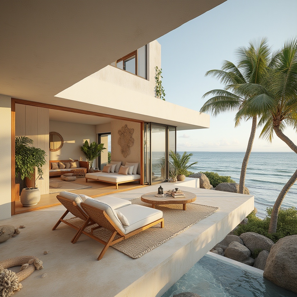 Prompt: Modern beachside villa, luxurious, minimalist, white stucco exterior, large windows, sliding glass doors, open floor plan, high ceilings, wooden accents, natural textiles, woven rattan furniture, tropical plants, palm trees, ocean views, balcony, outdoor lounge area, hammock, driftwood decor, nautical ropes, seashells, soft pastel colors, calming atmosphere, warm lighting, 3/4 composition, cinematic angle, coastal landscape, sunset time, golden hour.