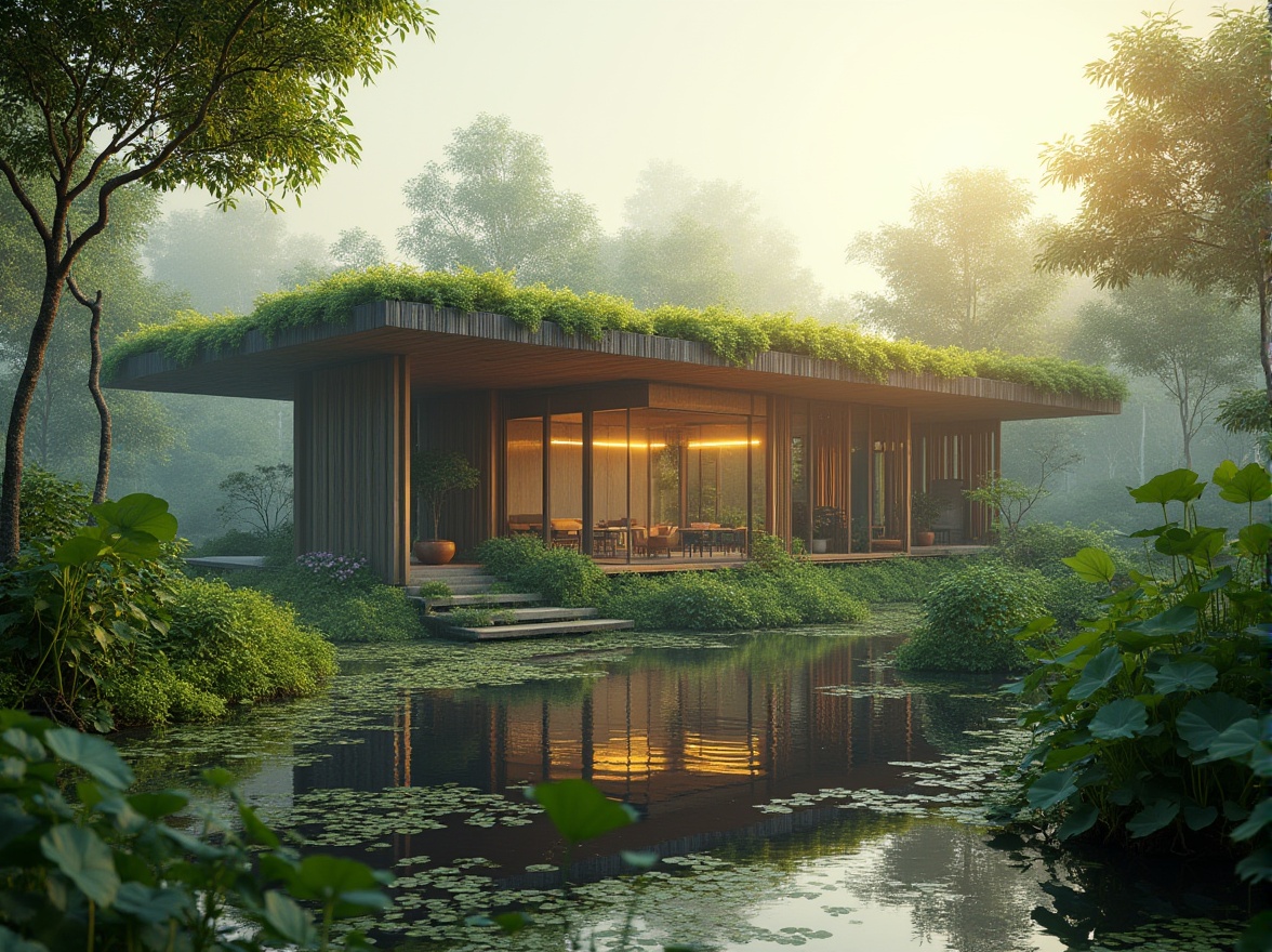 Prompt: Ecological wetland architecture, sustainable building, modern design, green roof, solar panels, rainwater harvesting system, recycled materials, natural ventilation, energy-efficient systems, lush vegetation, native plants, mangrove trees, water lilies, serene atmosphere, misty morning, soft golden light, 3/4 composition, shallow depth of field, cinematic mood, nature-inspired textures.