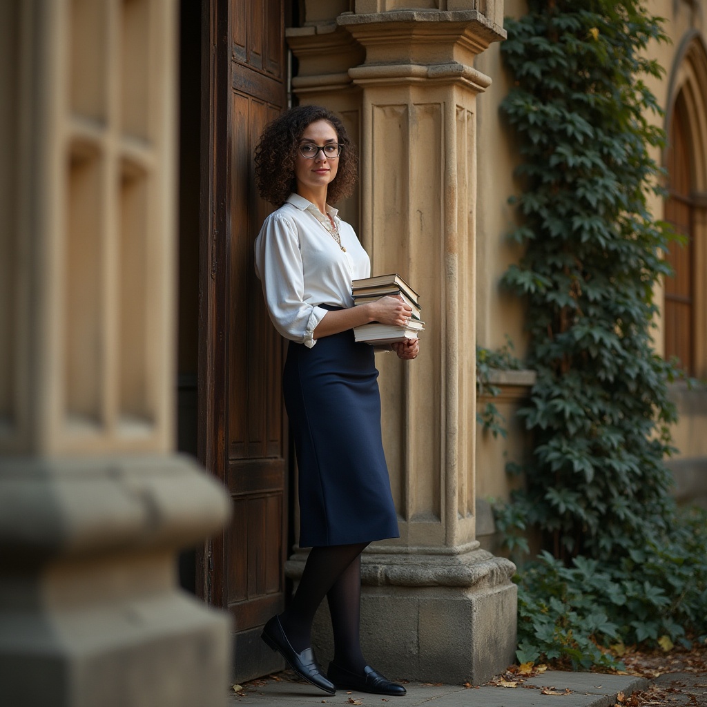 Prompt: Elegant, mature lady, 25-30yo, bespectacled, curly brown hair, subtle makeup, white blouse, dark blue pencil skirt, black tights, loafers, holding a stack of books, standing, leaning against a Gothic-style stone tower, Oxford University, autumn, warm light, golden hour, soft focus, cinematic composition, shallow depth of field, atmospheric mist, historic architecture, intricate stonework, vibrant ivy crawling up the walls, ornate wooden doors, subtle fog, mysterious ambiance.