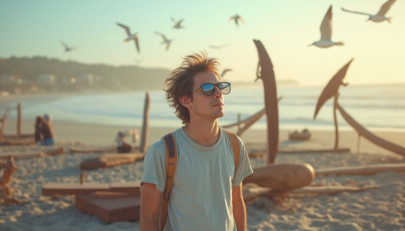 Prompt: Modern university student, casual wear, sunglasses, messy hair, beach volleyball, galvanized steel sculptures, driftwood, rusty metal decorations, weathered concrete benches, waves crashing, seagulls flying overhead, warm sunlight, soft focus, cinematic composition, shallow depth of field, artistic expressionism, pastel colors, dreamy atmosphere.