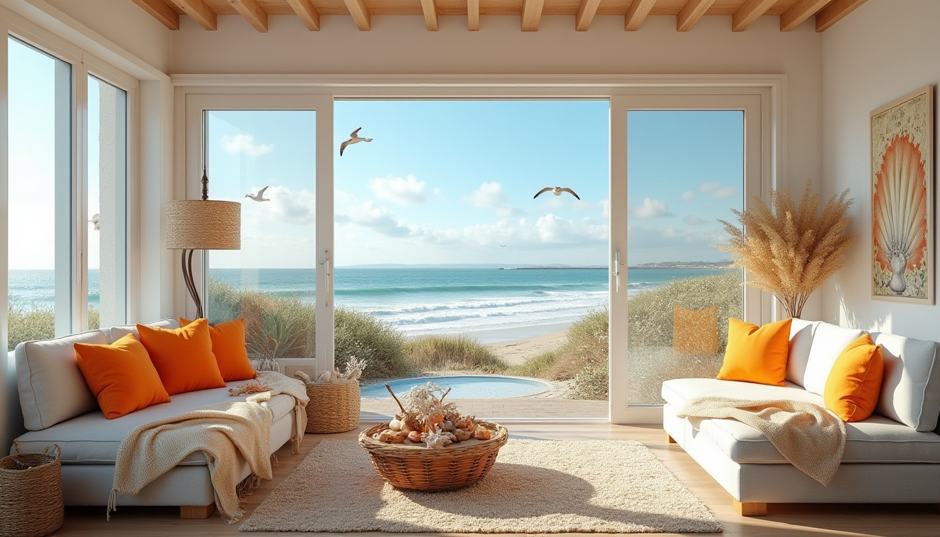 Prompt: Coastal scenery, vibrant tangerine color accents, beach house, modern minimalist architecture, large windows, sliding glass doors, white walls, wooden floors, nautical-themed decorations, shells, starfish, coral, driftwood, woven sea grass baskets, comfortable plush couches, cozy throw blankets, natural textiles, ocean view, sunny day, clear blue sky, fluffy white clouds, seagulls flying overhead, gentle waves crashing against the shore, warm soft lighting, inviting atmosphere, relaxing ambiance.