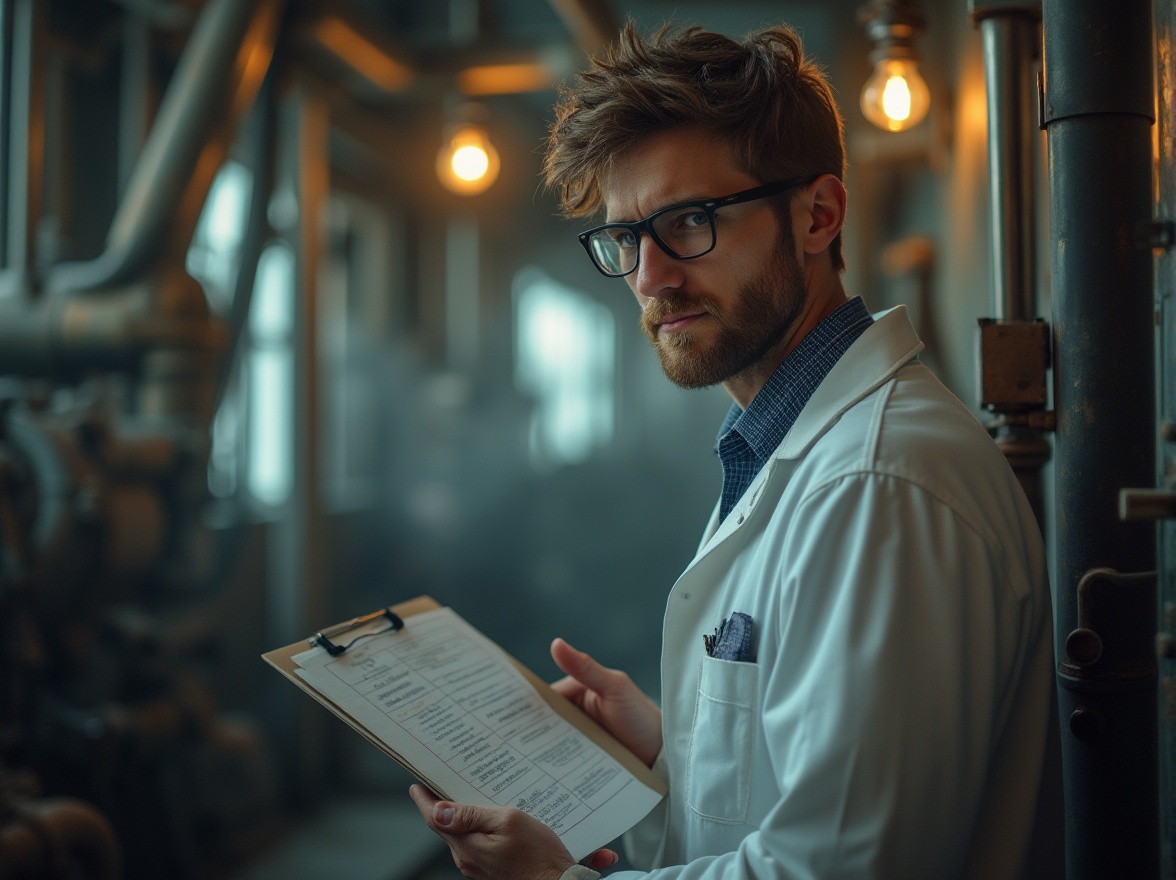 Prompt: Industrial factory interior, academic style, serious-looking male researcher, white lab coat, black-rimmed glasses, messy brown hair, intense facial expression, holding a clipboard, standing near industrial machinery, metal pipes, wires, and control panels, subtle steam effect, warm lighting, shallow depth of field, 3/4 composition, cinematic atmosphere, rusted metal texture, worn concrete floor.