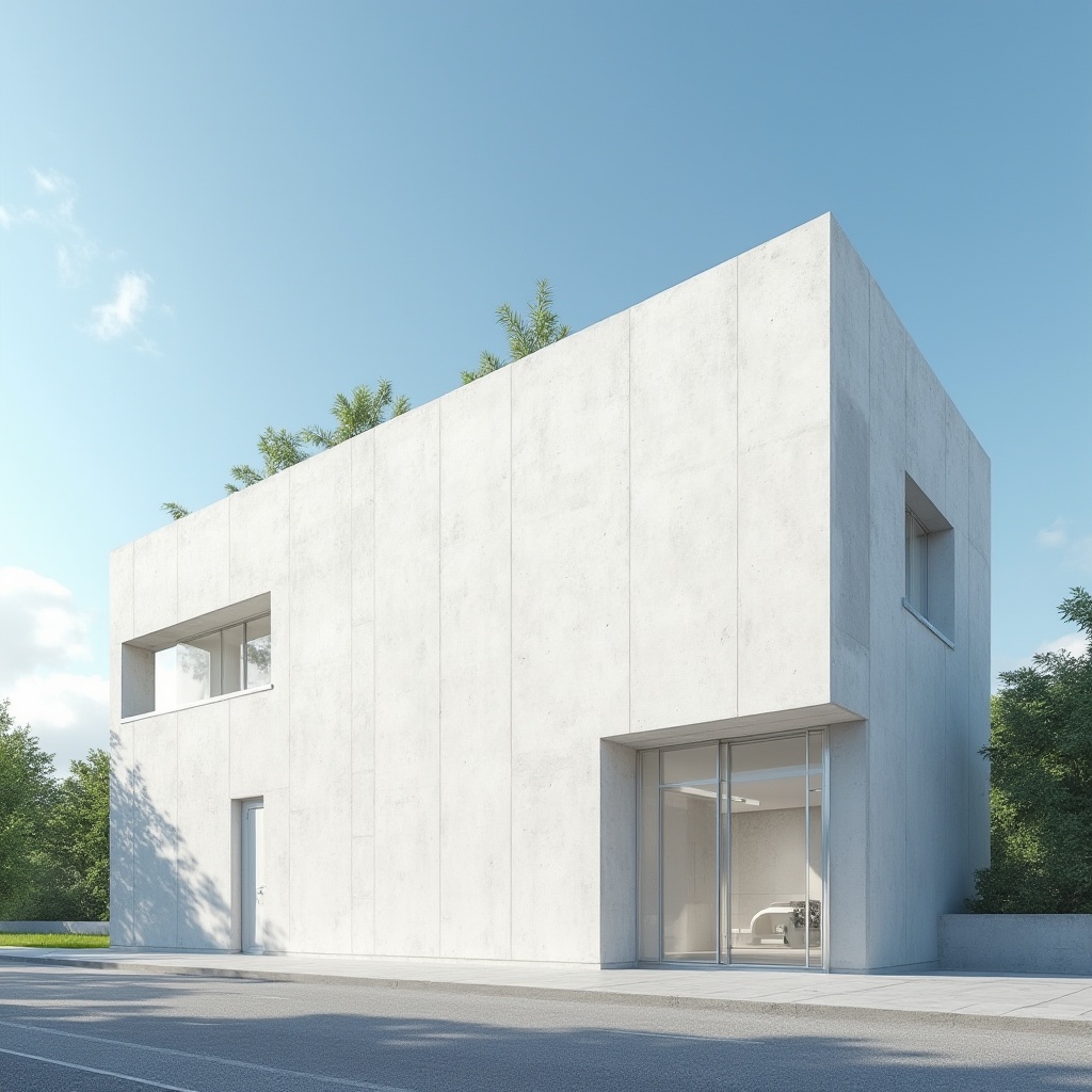 Prompt: Modern building, white plastered concrete wall, minimalist design, clean lines, urban setting, cityscape, blue sky with few clouds, natural light, 3/4 composition, shallow depth of field, geometric shapes, brutalist architecture, industrial chic, concrete texture, rough finish, metallic accents, greenery on rooftop, contemporary style, wide-angle lens.