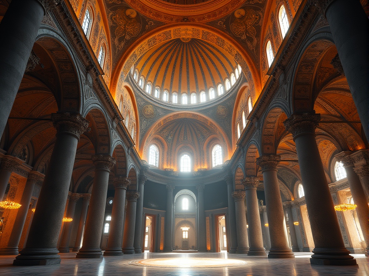 Prompt: Byzantine style architecture, concrete material, ornate details, intricate mosaics, grand dome structure, majestic columns, ornate capitals, vaulted ceilings, arches, apses, stone carvings, golden accents, vibrant frescoes, marble floors, imposing entrance, dramatic lighting, warm ambient glow, ancient historical landmark, Istanbul, Turkey, Hagia Sophia inspiration, grandeur composition, 3/4 view, low-angle shot.