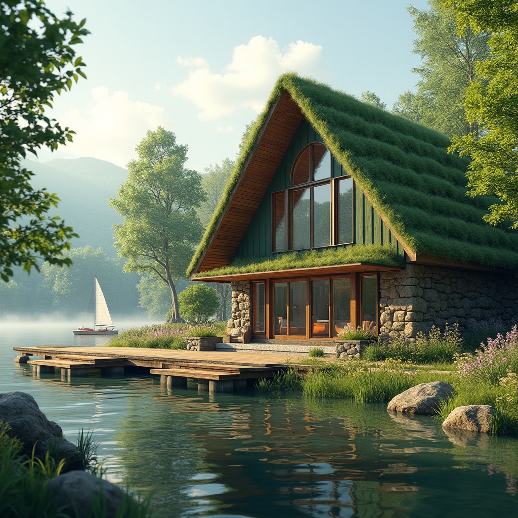 Prompt: Lakefront barn, green architecture, rustic wooden exterior, lush green roof, overhanging eaves, large windows, sliding glass doors, natural stone walls, wildflowers blooming around, serene lake background, calm waters reflecting the building, surrounded by tall trees, wooden dock, sailboats and kayaks nearby, warm sunny day, soft mist rising from the lake, panoramic view, 3/4 composition, shallow depth of field, realistic texture, ambient lighting, cinematic atmosphere.