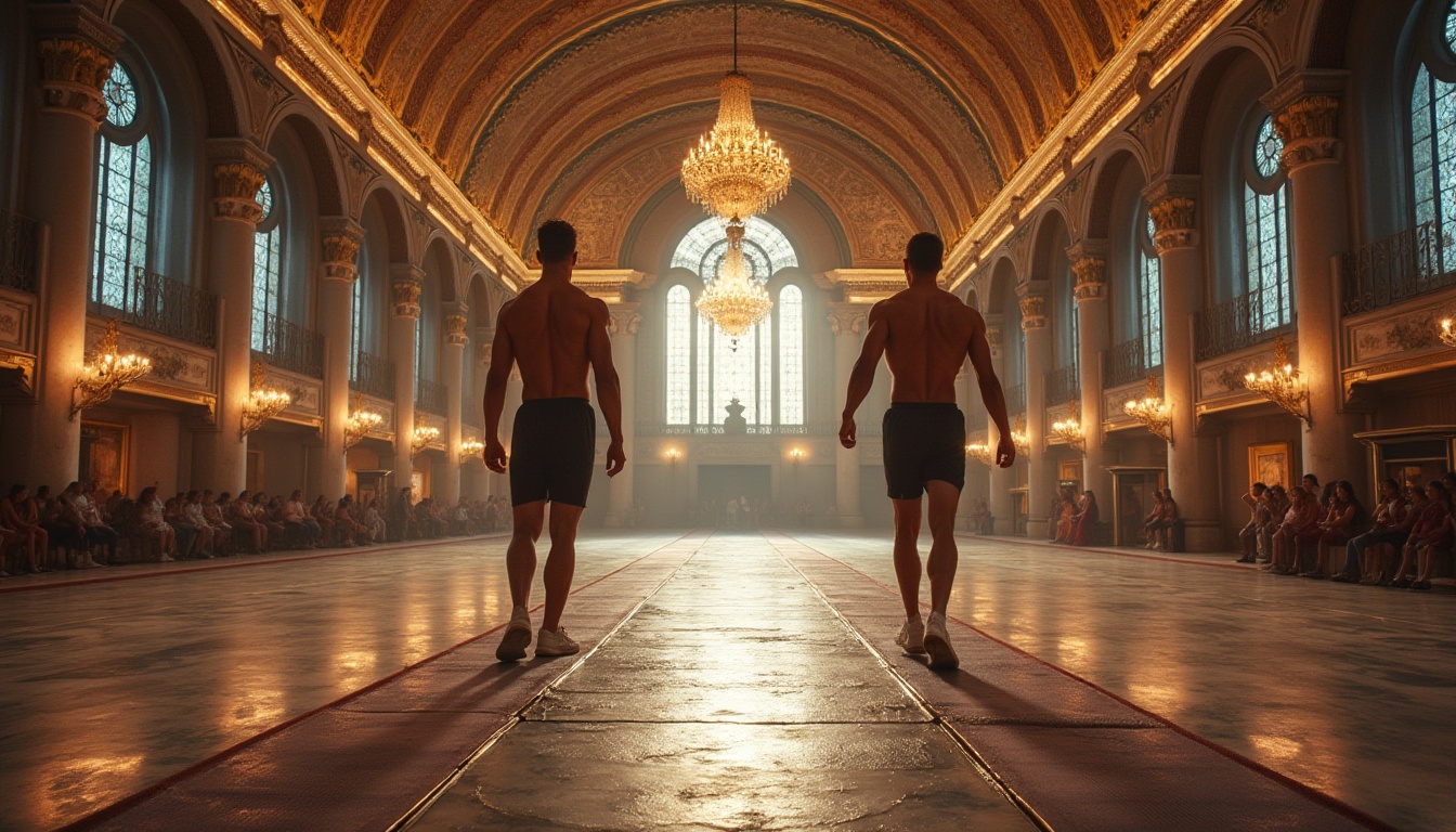 Prompt: Byzantine style gymnasium, grandiose architecture, ornate columns, intricate mosaics, vaulted ceilings, stained glass windows, crystal chandeliers, polished marble floors, athletic tracks, exercise equipment, muscular male athletes, sporty wear, sweat droplets, dynamic poses, low-angle shot, dramatic lighting, warm color palette, ancient Greek-inspired frescoes.