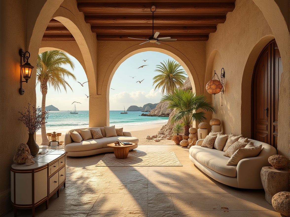 Prompt: Inviting coastal spaces, Romanesque style, Mediterranean architecture, warm beige stone walls, rustic wooden doors, ornate iron lanterns, curved archways, elegant columns, grand staircases, lavish furnishings, plush couches, velvet drapes, intricately carved wooden decorations, sea-inspired accessories, shells, driftwood, nautical ropes, ocean views, turquoise waters, sailboats in the distance, seagulls flying overhead, warm sandy beaches, palm trees swaying gently, sunset ambiance, golden hour lighting, soft focus, cinematic composition.