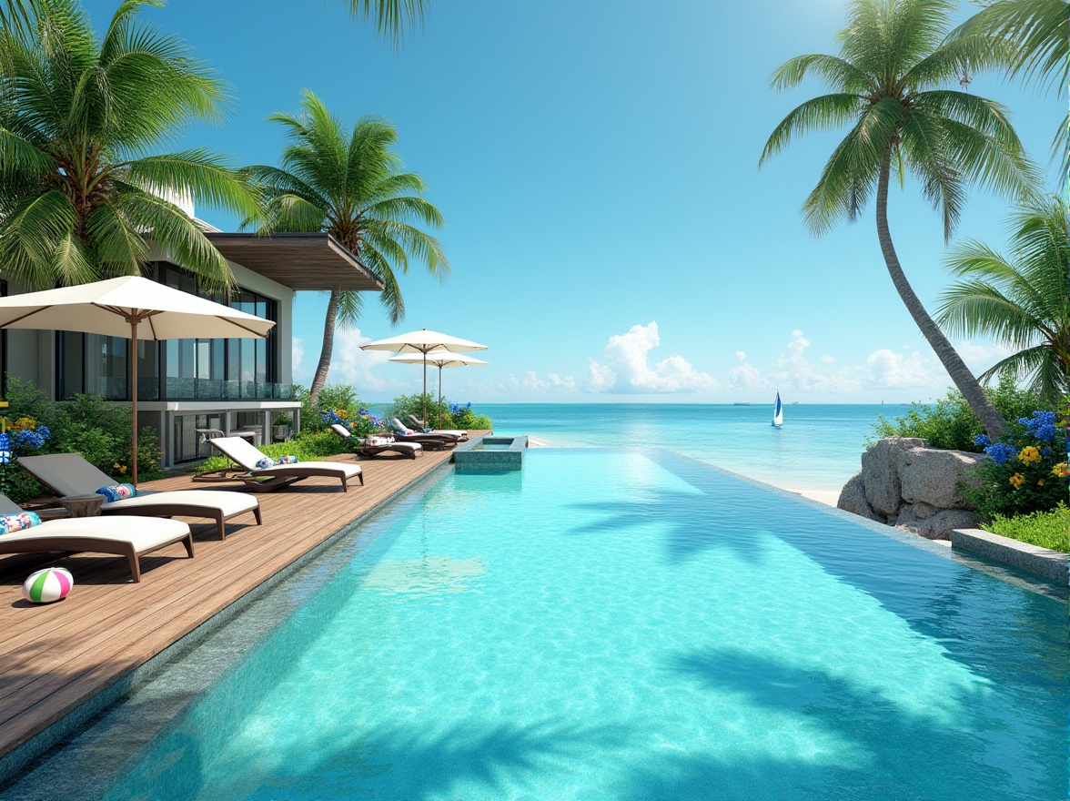 Prompt: Functional pool design, island setting, infinity edge, crystal clear turquoise water, surrounding lush greenery, palm trees, colorful tropical flowers, wooden deck, sleek modern lounge chairs, umbrella, beach balls, floaties, sunny day, blue sky, few white clouds, distant ocean view, sailboats, snorkeling gear, scuba diving equipment, stone or concrete pool surround, waterfall feature, hot tub, outdoor shower, tropical plants, island villa, modern architecture, minimalist decor, 3/4 composition, wide-angle lens, bright natural lighting.