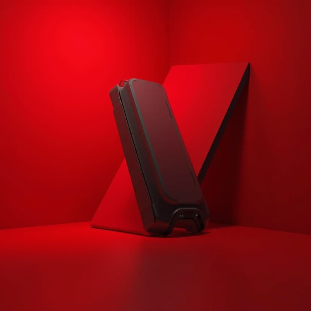 Prompt: Vibrant red background, bold modern font, geometric shapes, minimalist composition, dramatic spotlight, low-key shadows, metallic texture, sleek product design, futuristic atmosphere, high-tech gadget, dynamic diagonal lines, contrasting black accents, bright red highlights, 3/4 composition, cinematic lighting, shallow depth of field.