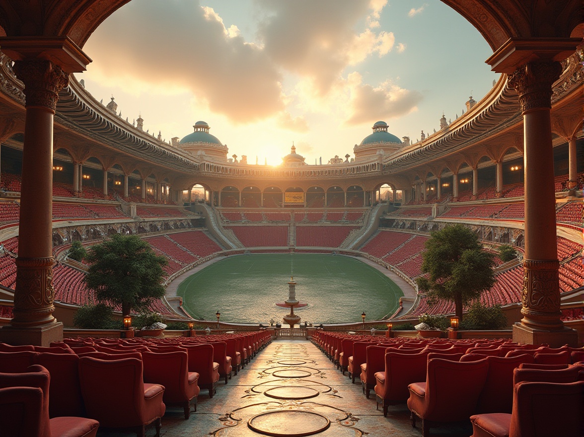 Prompt: Renaissance-inspired football stadium, grandiose architecture, ornate stone carvings, curved arches, domed roofs, marble columns, intricate frescoes, luxurious VIP boxes, red velvet seats, golden accents, ornamental fountains, lush greenery, Mediterranean-style courtyard, evening sunset, warm golden light, dramatic shadows, 3/4 composition, panoramic view, cinematic atmosphere.