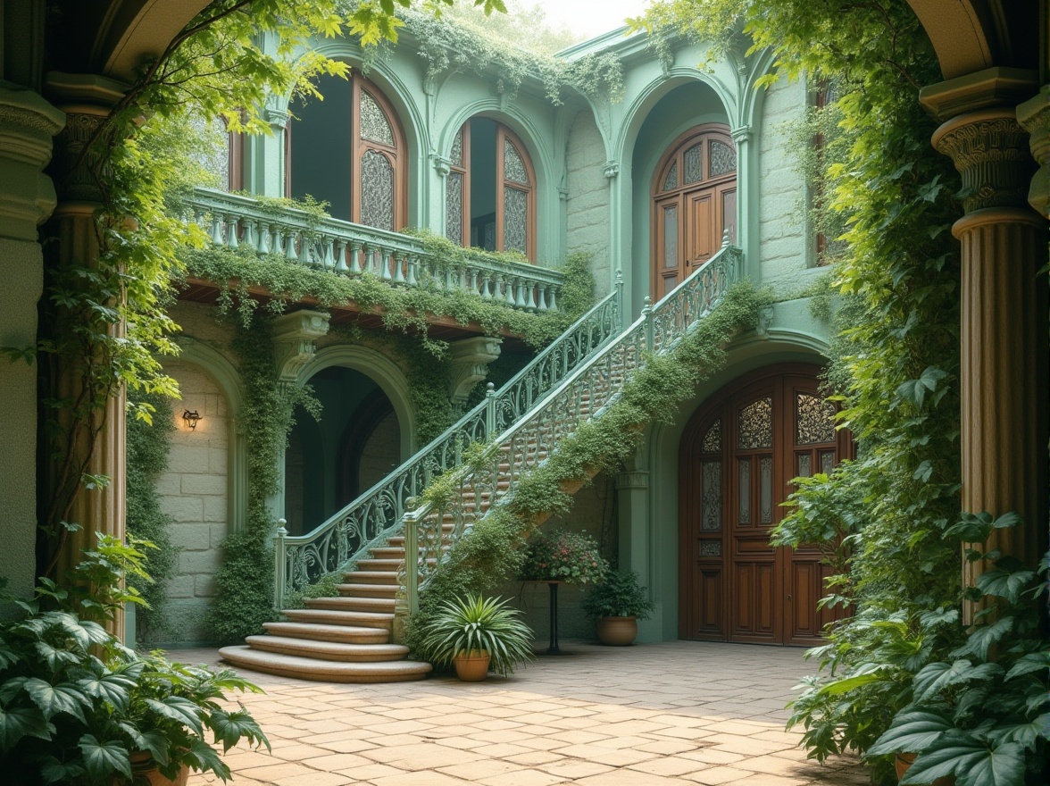 Prompt: Wisteria-inspired green architecture, pastel shades of mint, sage, moss, lime, and olive, harmonious blend of natural hues, intricately designed ironwork, ornate wooden accents, lush vines crawling up walls, grand entrance with arched doors, elegant staircase with wrought-iron railing, spacious interior courtyard, soft filtered light, serene ambiance, morning dew, subtle mist, warm beige stone flooring, rustic brick walls, verdant surroundings, hidden amongst trees, secluded retreat.