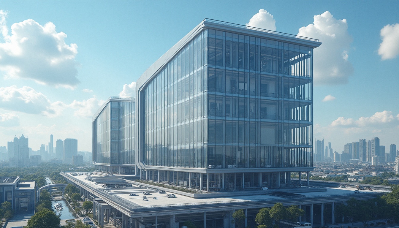 Prompt: Modern energy plant, structuralism style, futuristic architecture, steel beams, glass façade, sleek lines, minimalist design, urban cityscape, skyscrapers in background, sunny day, blue sky with few clouds, dramatic shadows, high-angle shot, 3/4 composition, sharp focus on structure details, ambient occlusion, cinematic lighting.