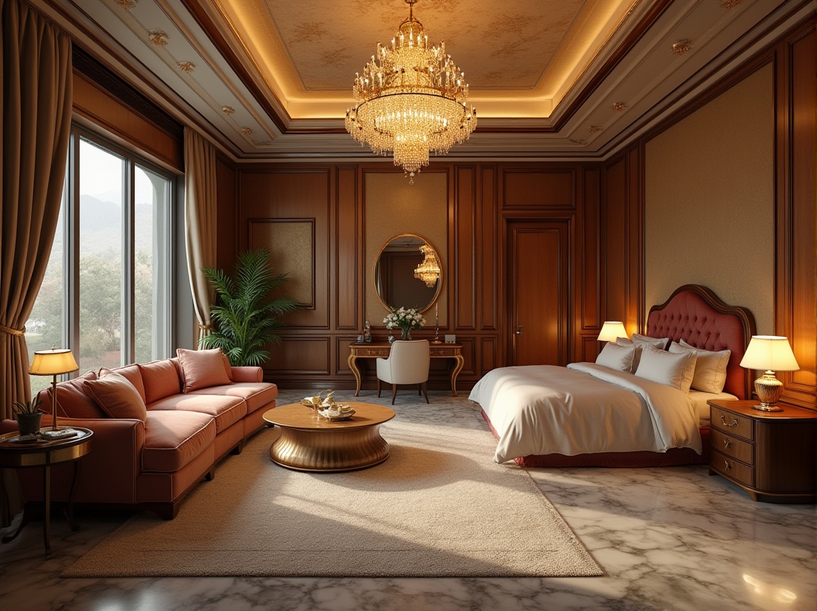 Prompt: Luxurious hostel interior, grand chandelier, high ceiling, marble floor, velvet sofas, gold accents, luxurious bedding, fluffy pillows, modern lamps, wooden furniture, green plants, warm lighting, cozy atmosphere, 3/4 composition, shallow depth of field, soft focus, warm color tone.