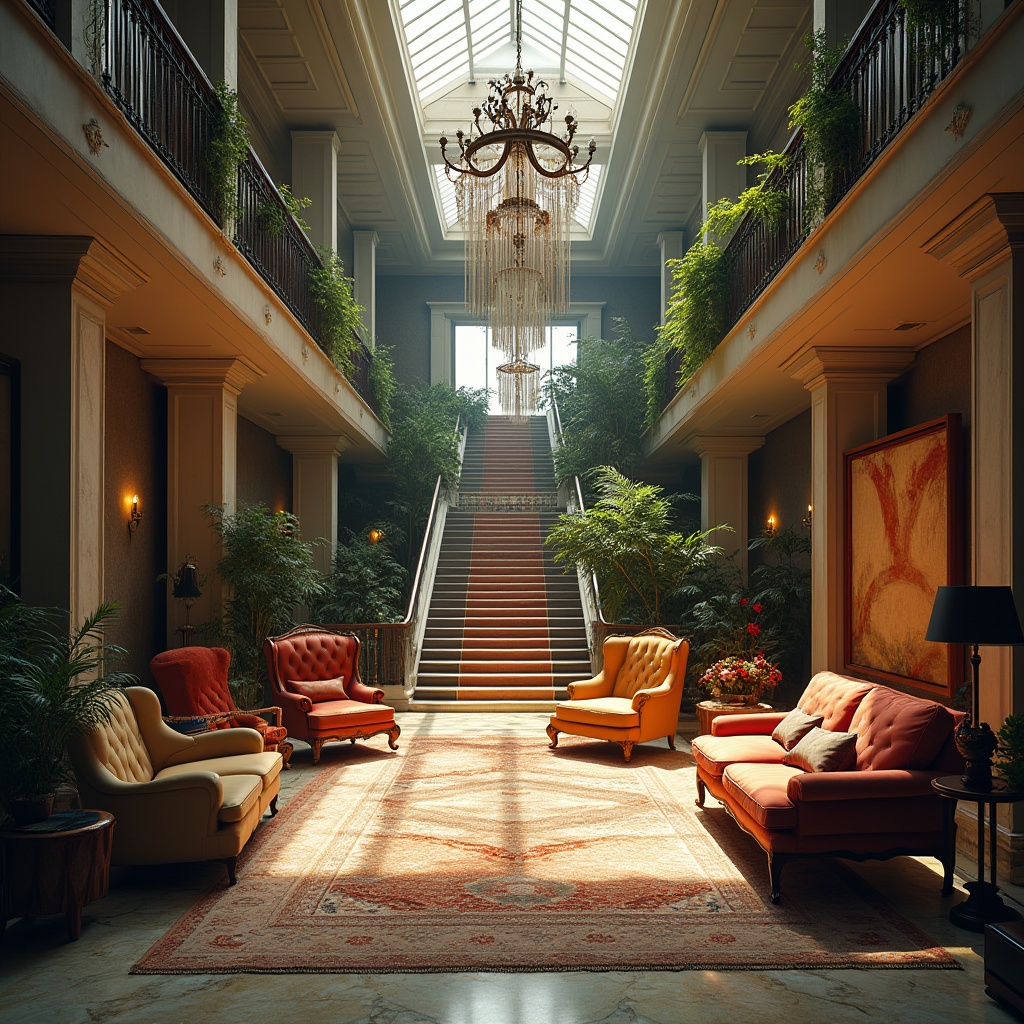 Prompt: Luxurious hotel lobby, eclectic style, mix-and-match furniture, vintage armchairs, modern sofas, ornate chandeliers, abstract artwork, colorful rugs, grand staircase, marble flooring, lush greenery, natural light pouring through skylight, warm ambient lighting, 3/4 composition, low-angle shot, cinematic mood, soft focus, bokeh effect.