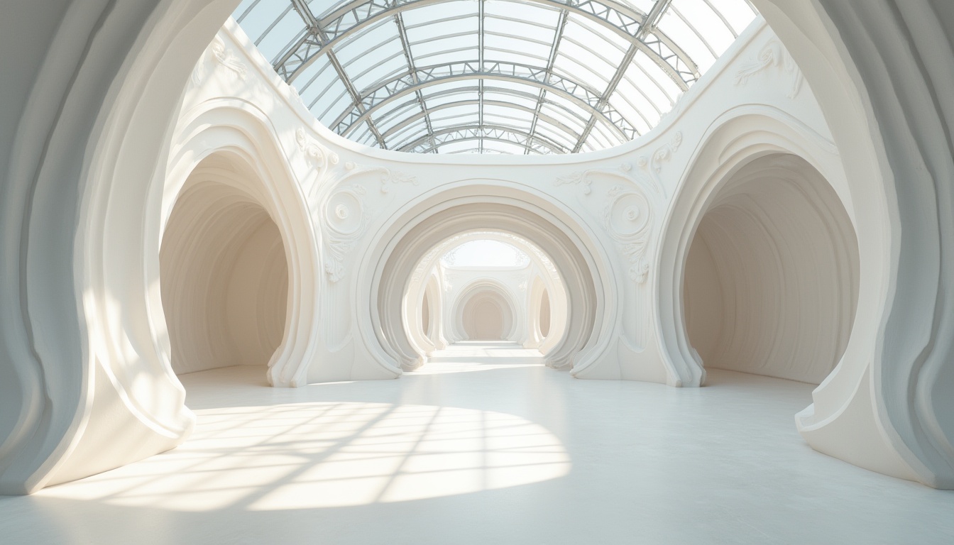 Prompt: Modern pavilion, white plaster material, smooth texture, intricate details, ornate decorations, curved lines, geometric shapes, natural light, transparent glass roof, steel frame structure, minimalist interior, empty space, abstract background, warm ambient lighting, soft shadows, 3/4 composition, architectural photography.