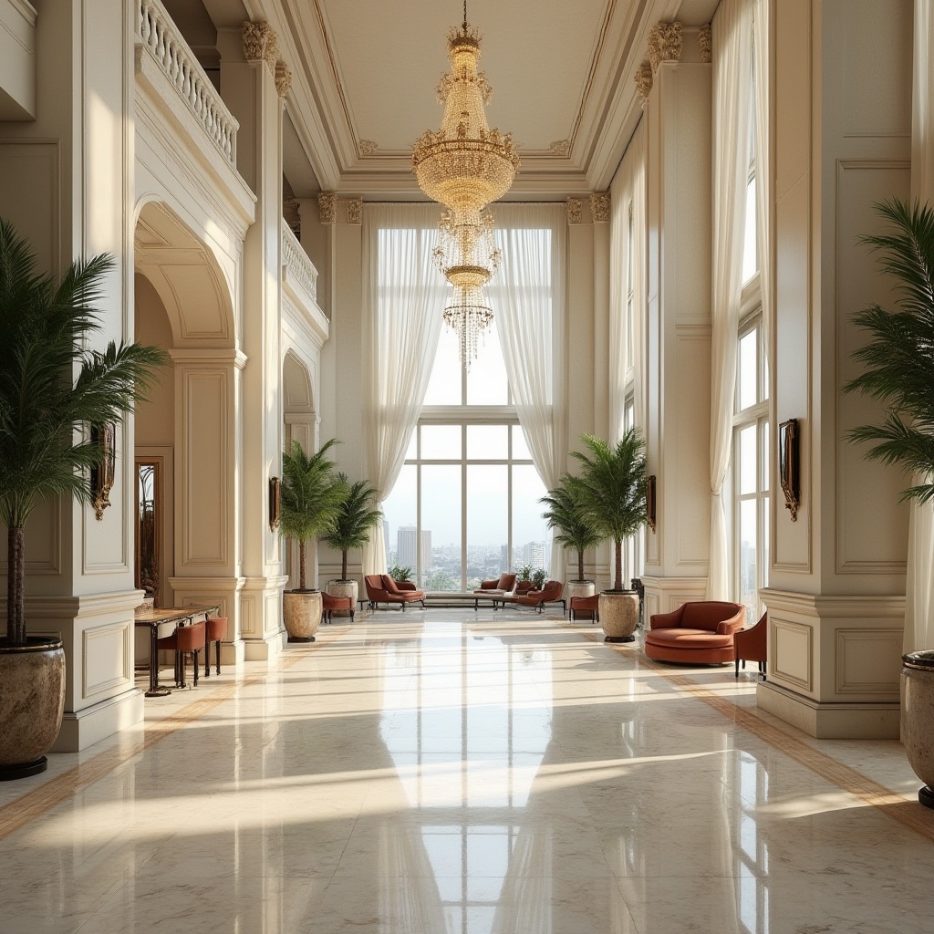 Prompt: Luxurious hotel lobby, limestone flooring, walls, columns, creamy white color, natural texture, intricate carvings, grand staircase, ornate chandelier, elegant furniture, velvet sofas, marble countertops, potted palms, tall windows, cityscape view, daytime, soft diffused light, 3/4 composition, shallow depth of field, high-end ambiance, realistic rendering.