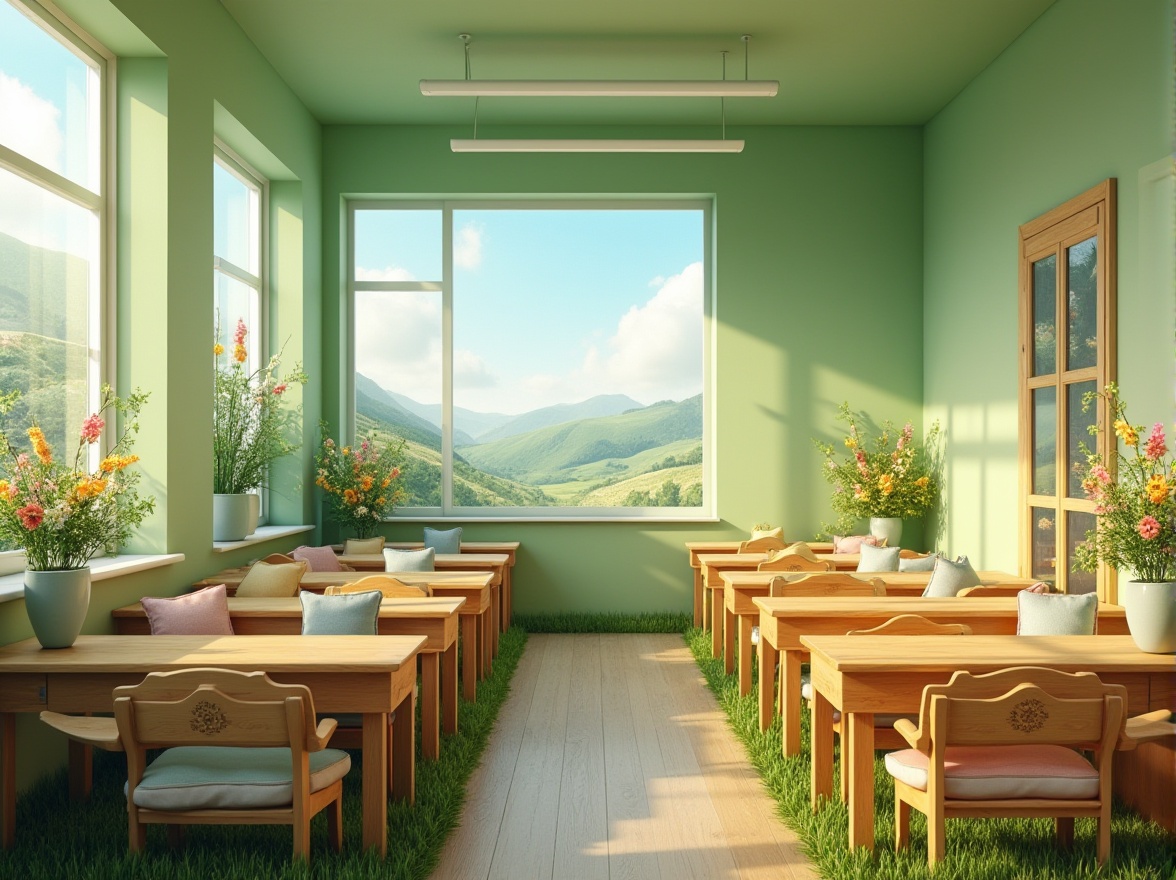 Prompt: Vibrant meadow-inspired classroom, warm natural light, soft green walls, wooden desks with floral carvings, comfortable cushions in pastel colors, blooming wildflowers in vases, gentle breeze blowing through open windows, lush green grass beneath feet, scenic backdrop of rolling hills, clear blue sky, fluffy white clouds, 3/4 composition, shallow depth of field, soft focus on background, warm and inviting atmosphere.